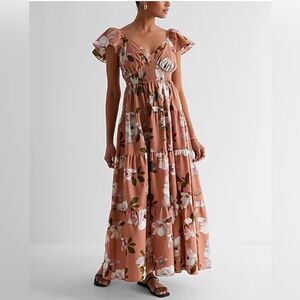 Express floral v-neck flutter‎ sleeve tiered poplin maxi dress, NWT